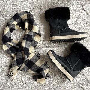 Wool Black & Cream Large Buffalo Check Wool Blend Plaid Rectangle Scarf 12x52